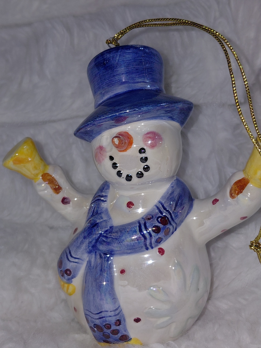 Hand-Painted Vintage Ceramic Snowman Ornament - Blue Hat & Scarf